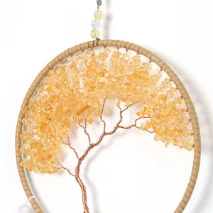 Handmade Tree of Life wall hanging with yellow crystal stones and copper wire art