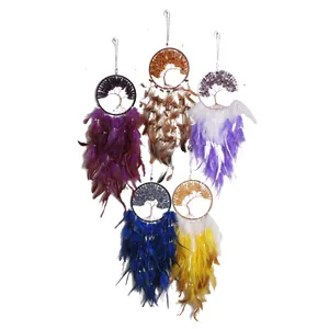 Handmade Tree of Life dream catcher set with colorful crushed stones and natural feathers