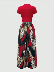 Rear view of red crop top and baroque leopard print wide-leg trousers on ghost mannequin