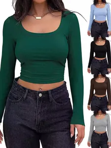 Women Ribbed Long Sleeve Crop Top Square Neck Slim Fit T-Shirt Sexy Casual Solid Color Knitted Elastic Streetwear Tee