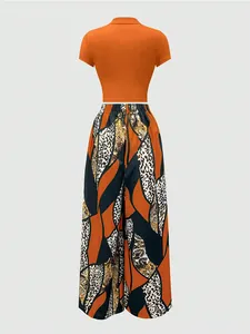 Rear view of high-waist wide-leg trousers with vibrant geometric and leopard print design