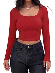 Slim fit red ribbed long sleeve crop top with square neck and textured fabric detail