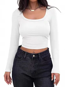 Slim fit white ribbed long sleeve crop top with square neck for casual women outfits