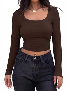 Slim fit dark brown ribbed long sleeve crop top with a wide U-neckline for women
