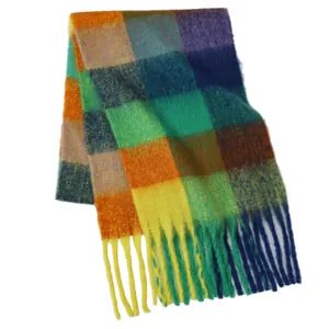 Colorful plaid knit scarf with fringes in yellow, orange, green, blue and purple tones