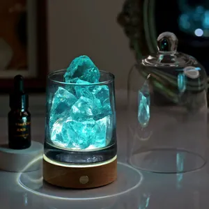 Natural light blue crystal diffuser lamp with wood base and Bluebell essential oil