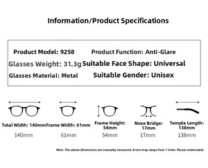 Size chart for 9258 metal sunglasses showing measurements and technical specifications