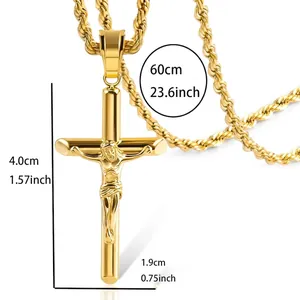 Gold-plated stainless steel crucifix cross necklace with 60cm rope chain for men and women
