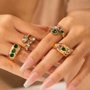 Vintage gold heart zircon stainless steel rings featuring colorful gemstones for women