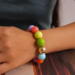 Detail shot of colorful acrylic beaded bracelet with vibrant round beads on a wrist
