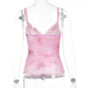 Detail view of pink floral camisole back with adjustable straps and lettuce trim mesh fabric
