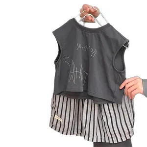 Toddler summer set with grey sleeveless vest and black white striped shorts