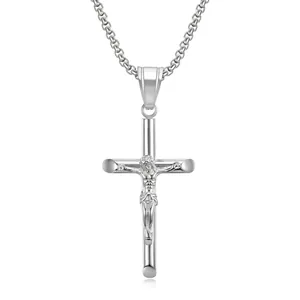Stainless Steel Gold Silver Crucifix Cross Pendant Necklace For Men Women Religious Jewelry Rope Box Chain Hip Hop Style