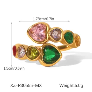 Detailed size chart showing dimensions and weight of the gold heart gemstone ring