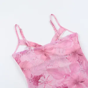 Detail of floral and leopard print camisole with adjustable straps and mesh fabric
