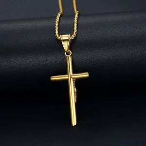 Polished gold plated stainless steel cross pendant necklace on a sleek box chain