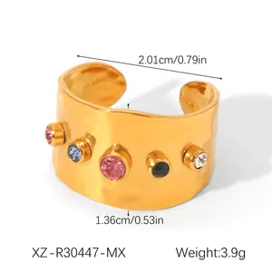 Detailed size specifications for wide gold ring with colorful zircon heart accents