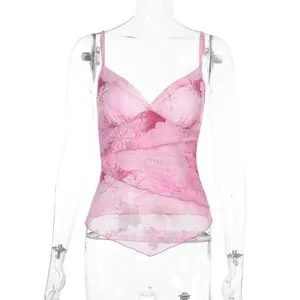 Pink floral mesh camisole featuring layered ruffles and adjustable straps with V-neck