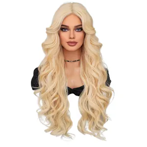 Long wavy platinum blonde lace wig with natural center part for a realistic look