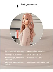 Detailed infographic showing rose net structure and 68cm length of pink curly wig