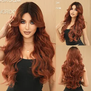 Lange Wellige Lockige Ombre Synthetik Perücke Für Damen Mittelscheitel Hochtemperaturfaser HD Spitze Vorne Mode Natürliches Haarteil