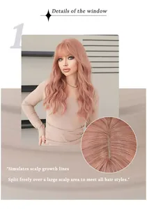 Detail view of pinkish brown wavy wig showing realistic scalp and free parting area