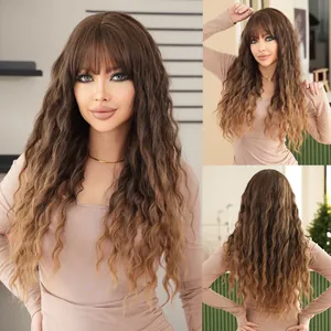 Women Ombre Linen Brown Long Deep Wave Synthetic Wig With Bangs Natural Looking Heat Resistant Fiber Wavy Curly Wigs For Daily Party Hair Styling