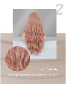 Detail of matte high temperature silk texture on long wavy pink brown wig