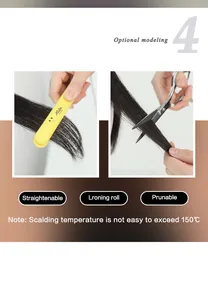 Détail de cheveux synthétiques noirs résistants à la chaleur stylisés au fer et aux ciseaux