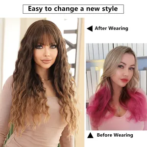 Long deep wave wig with bangs in ombre brown, showing before and after wearing effect
