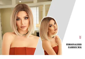 Détail de la perruque bob dégradé marron à blond avec cuir chevelu réaliste et lisse