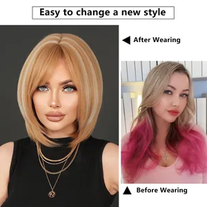 Perruque bob blonde dorée courte avec mèches et frange transformation avant et après