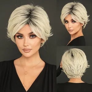 Damen Kurz Pixie Schnitt Bob Perücke Platinblond Ombre Kunsthaar Hitzebeständig Gestuft Natürlich Aussehend Täglich Party