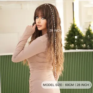 Long deep wave wig in dark brown 28 inch with bangs for a natural wavy style
