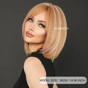 Perruque Bob courte blonde avec frange latérale et mèches, fibre thermorésistante 38cm