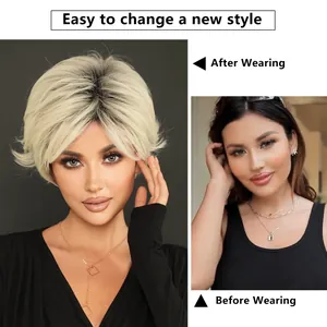 Kurze gestufte Ombre Platinblonde Pixie-Perücke mit dunklem Ansatz für Damen