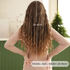 Long 28 inch deep wave wig for women in natural gradient ash brown with bangs