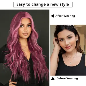 Long wavy lace front wig in ombre purple and magenta pink with natural hair texture