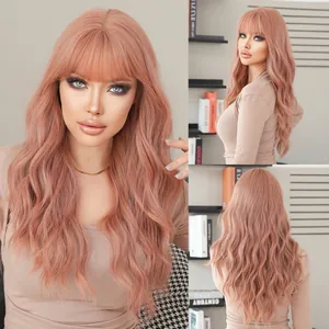 Long Curly Pink Brown Wig With Bangs Natural Wave Synthetic Heat Resistant Fiber Hair For Women Daily Party Hairpiece