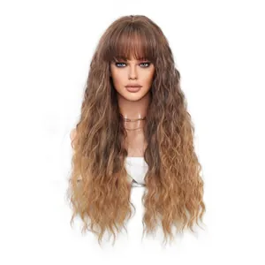 Long ombre deep wave wig with bangs transition from dark brown to bright blonde