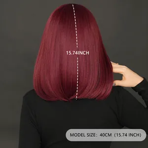 Perruque bob courte bordeaux avec dentelle frontale en T pour femmes, longueur 40cm
