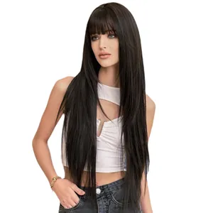 Long straight black hair wig with bangs, high-quality heat resistant fiber, 26 inch length