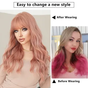 Pink wavy long wig with bangs showing natural before and after transformation looks