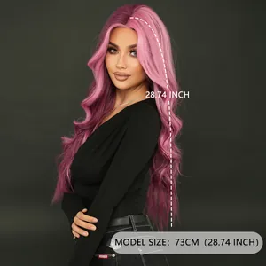 Long wavy ombre pink purple wig for women with center part style 28.74 inch length