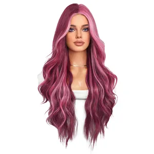 Long wavy synthetic wig in deep wine red with light pink highlights and center part