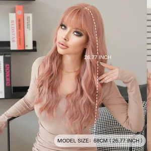 Long wavy pink brown wig with bangs 68cm length natural heat resistant hair for women