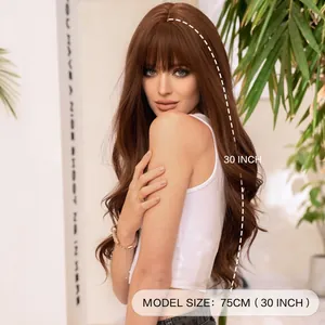 Long wavy warm brown wig with bangs, 75cm synthetic hair piece for daily wear