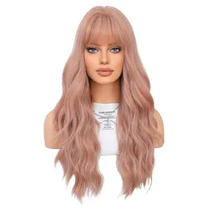 Dusty rose long wavy wig with bangs for women, natural synthetic hair for daily party use