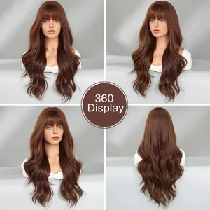 Long wavy reddish brown wig with bangs shown in a full 360-degree multi-angle display