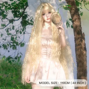 Long 44-inch light gold wavy wig with bangs, styled for a sweet Lolita aesthetic look